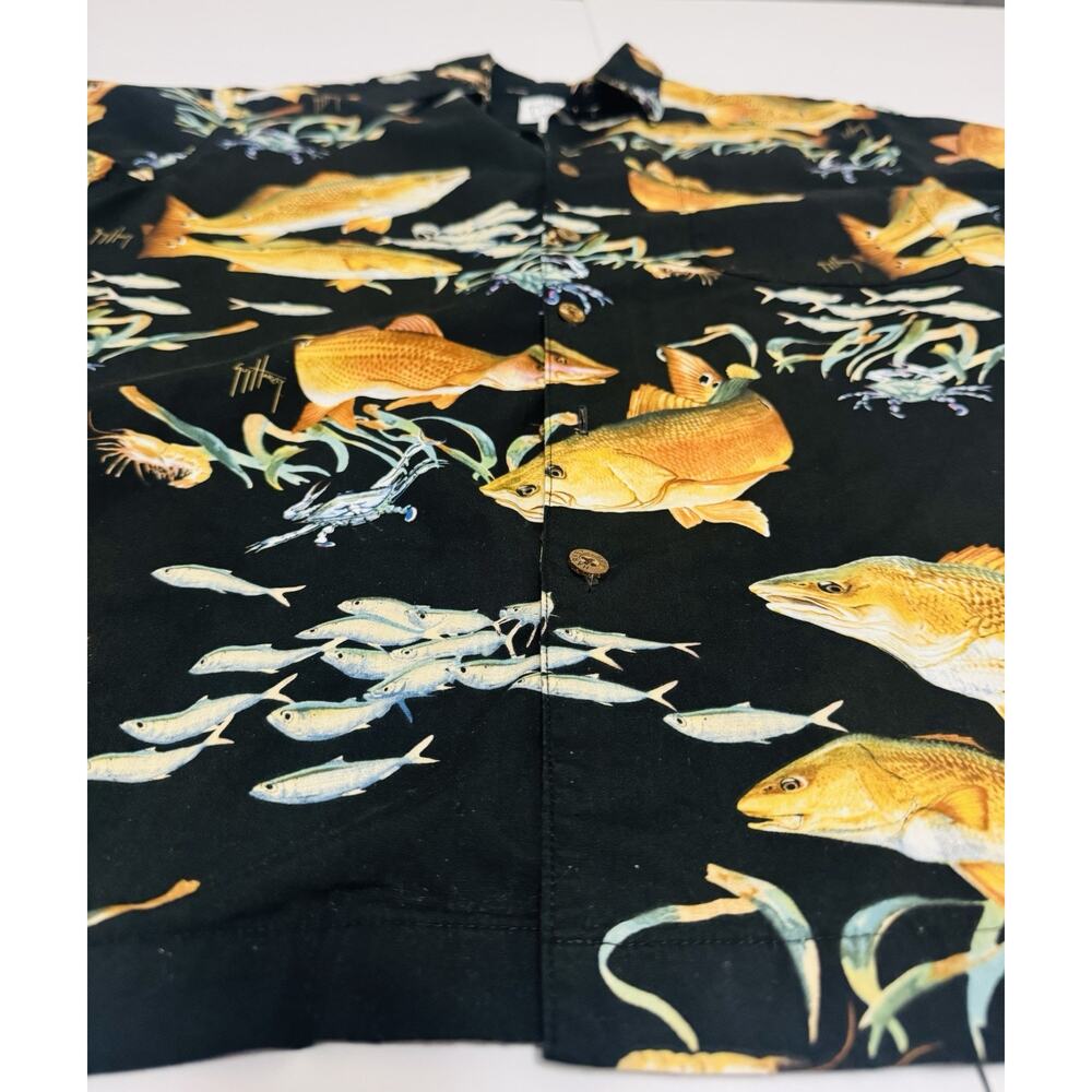 Vintage Guy Harvey By AFCO Bluewater Mens Black Button Up Hawaiian Shirt Aquatic - Picture 7 of 10